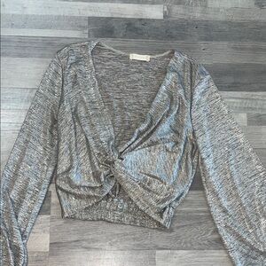 Altar'd State Silver Metallic Knot-Front Long Sleeve Crop Top